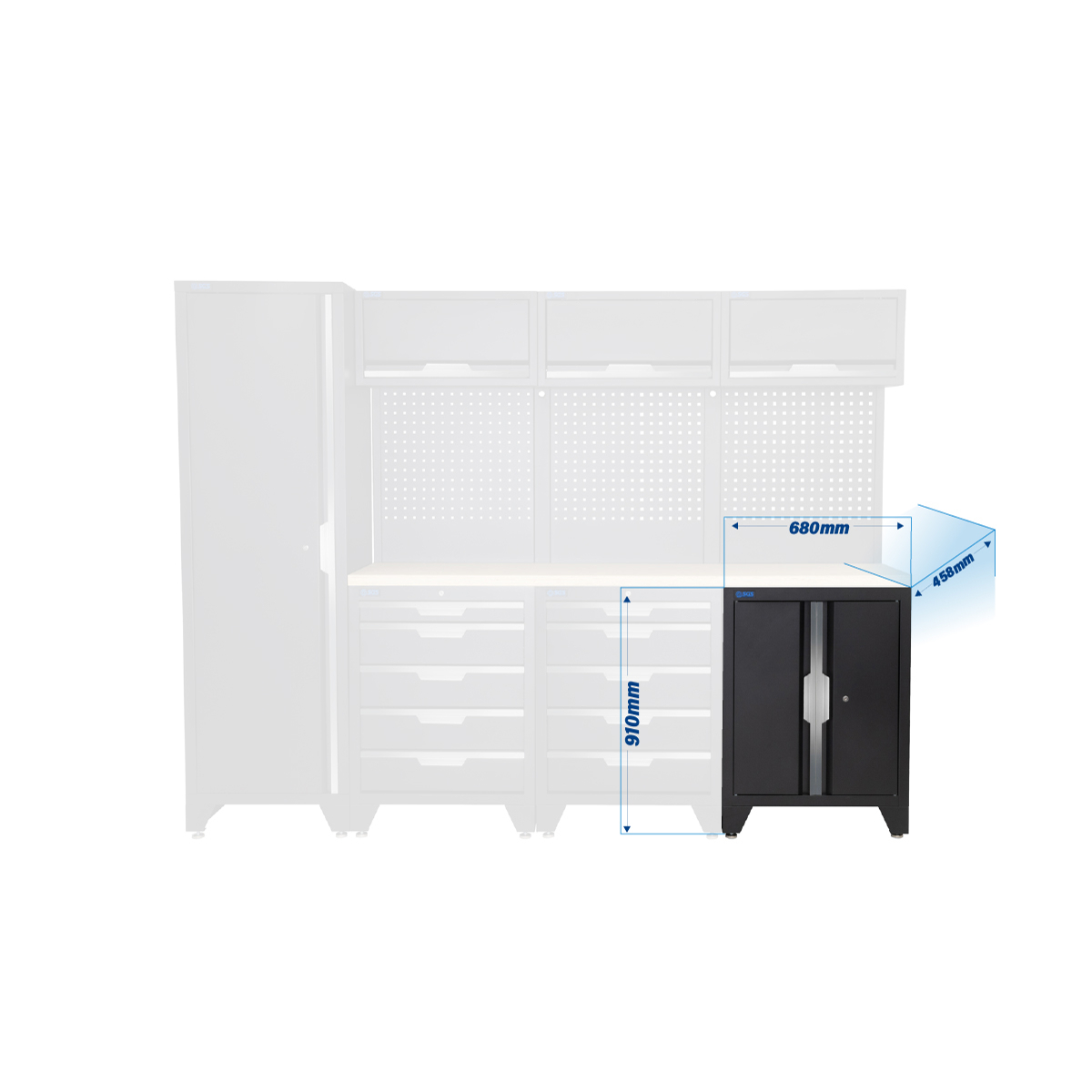 SGS 10pc Modular Garage Storage | 10 Drawers | Plywood Worktop |Floor Cabinet | Tall Single Cabinet | 3x Upper Cabinets